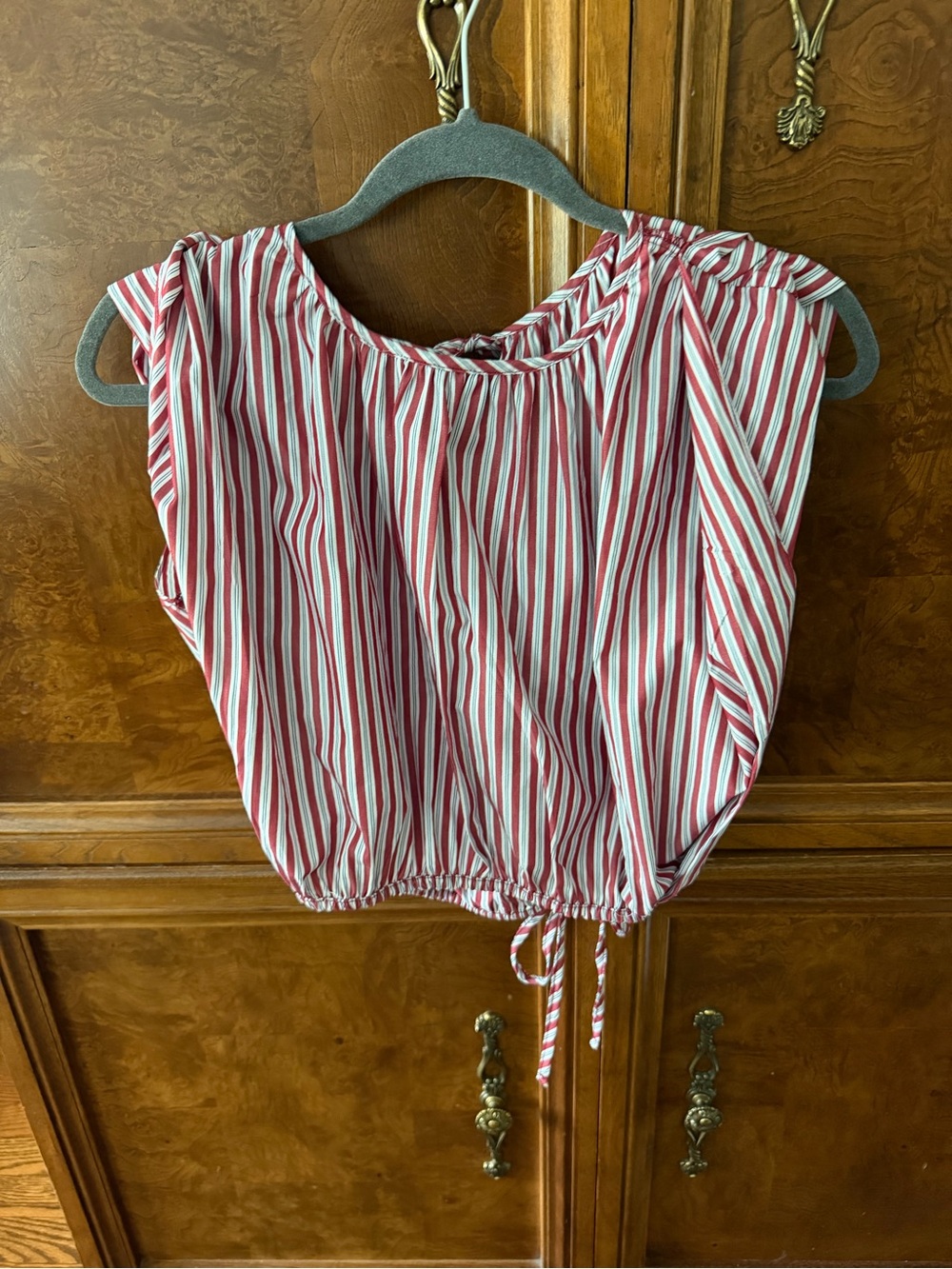 Madewell Red and White Striped Crop Drawstring Top, poplin